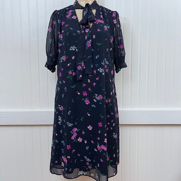 DKNY Navy Blue Floral Chiffon Bow Neckline Knee Length Shift Dress Women's 10 - Picture 2 of 9